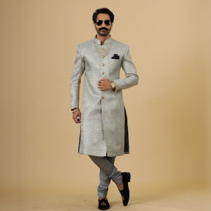 Stunning Grey Banarasi Brocade Achkan | Father Son Combo | Perfect for Grooms | Jaipurio Collection